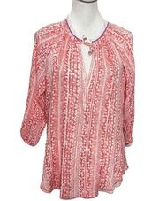 Poupette St Barth Silk Tassel Print Tie Peasant Blouse Fringe Trim Top Womens S