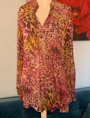 Lafayette 148 Career Silk Button Down Blouse Size 6 Cheetah Top