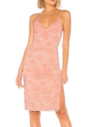 NBD blush pink floral lace overlay high slit spaghetti strap midi dress