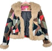 Xhilaration Vintage Multicolor Patchwork Leather Suede Jacket with Faux Fur Trim