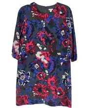 Fossil Silk Shift Dress Gray Floral Red Blue 3/4 Sleeves Exposed Zipper Size 10