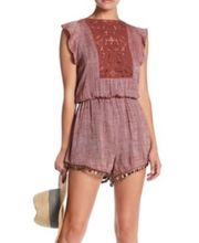 Line + Dot Ravie Applique Lace Beaded Linen Romper