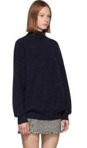 Alexander Wang Navy Blue Crystal Collar Wool Turtleneck Sweater Size L