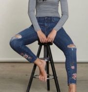 Driftwood Floral Embroidered Distressed Jackie Jeans