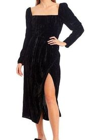 WAYF Dress Black Velvet Puff Sleeve Square Neck High Slit Midi Dress Sz XS NWT