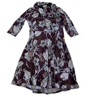 Robbie Bee Dress Womens Medium Petite Maroon Wine Floral Collared Midi Stretch