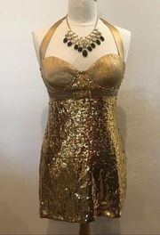 GUESS  Gold Silk Sequin Cocktail Dress | Medium