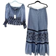 NWT Embroidered Floral Smocked Jordana Top&Wide Leg Pants Set Blue SizeM/L