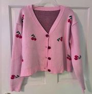 Cherry Print Button-Front Long Sleeve Cropped Cardigan Sweater