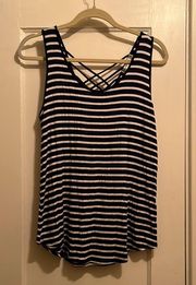 | Navy Blue & White Striped Tank Top Scoop Neck Woven Back Large
