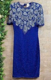 Vtg Laurence Kazar Cocktail Dress • Blue Silver Silk Beaded Sequined Keyhole