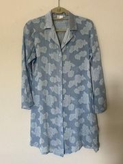 NK Elle Silk Nightgown Button down shirt dress 3/4 Sleeves Blue Floral Size XS