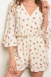 Rose Print Floral Ruffle Cream 3/4 Sleeve Romper Sz L