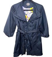 Anthropologie Idra Whimsy Ruffle Trench Coat Navy Blue  Button Front