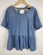 Lane Bryant Denim Peplum Top Womens Size 14/16 Tie Back Short Sleeve