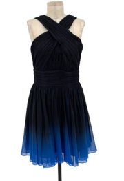 Halston Heritage Ombré Chiffon Fit & Flare Halter Dress Black Blue Size 8