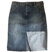 Denim Midi Skirt Size 8 Front Patch- Clean Seline Knee Length Blue Fringe Hem