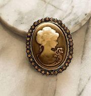 Vintage Unsigned Cameo Brooch or Pendant Halo Rhinestone Lady Head Pin