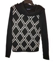 Italian Merino Wool Argyle Plaid Cowl Neck Sweater Black White Small