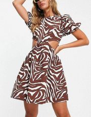 cut out tie back mini dress in brown zebra print