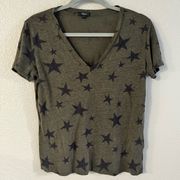 Rails Cara Sage With Black Stars V Neck T Shirt Linen Lyocell Blend Green small