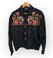 Carole Little Sport Women 4 Embroidered Beaded Oversized Denim Jacket Boho Artsy