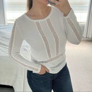 Womens White Lightweight Crochet Cut-Out Long Sleeve Shirt Small