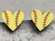 Wood Earrings Baseball Studs Heart Red Yellow