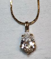 Large Clear Solitaire Pendant CZ w/ gold tone Necklace