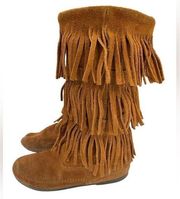 3-Layer Fringe Minnetonka Calf Hi Boots Size 7 Brown Suede Leather Moccasins