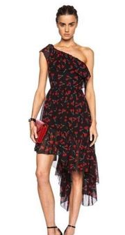 Nwot saint Lauren cherry print silk one shoulder dress