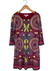 Burgundy/Maroon Floral Mandala Slight Bell Sleeve Dress Anthropologie