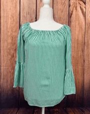 BeachLunchLounge Women's Size XS Green Striped Bell Sleeve Off Shoulder Blouse