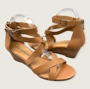 Jinela Strappy Buckle Brown Leather Stacked Wedge Sandal 8