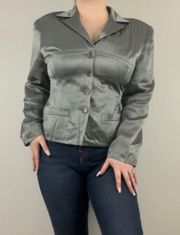 Vintage Y2K Silver Grey Satin Button Up V Neck Collared Blazer Jacket