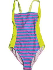 TYR Womens Huntington Beach Deep V Stripes 1pc Swimsuit Pink Blue Sz Small NWOT