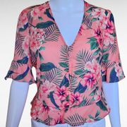 Stella Tweed Coral Tropical Flounce Sleeve Peplum Blouse Size Medium