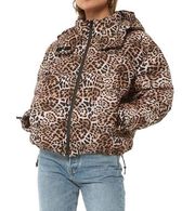 DEE ELLY Women’s Sz S Ryan Leopard Pocketed Hooded Puffer Full Zip Drawstring