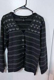 Adrienne Vittadini Women's Striped Wool Blend Cardigan Sweater Black White XL