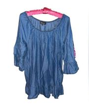 Absolutely Famous medium wash chambray boho peasant shirt with boat neck medium