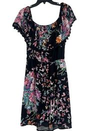 Charming Charlie Off The Shoulder Dress Black Floral Butterfly Crochet Trim XL