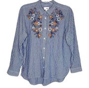 Sonoma Shirt Womens XL Blue White Stripe Floral Embroidered Shirt Casual Boho