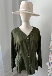 Flax Olive Green V-Neck Long Sleeves Button Down 100% Linen Lightweight Shirt S