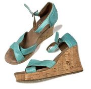 Toms | Shimmery Aqua Cross Strappy Platform Cork Heels 9.5