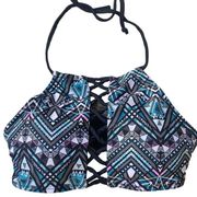 Rue Blue Geometric High Neck Halter Swim Top