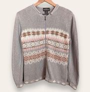 Woolrich Cardigan Sweater Zip-Up Fair Isle Snowflake Women Gray Pink Stripe‎