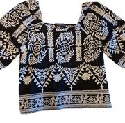 Saks Floral Black white boho top embroidered