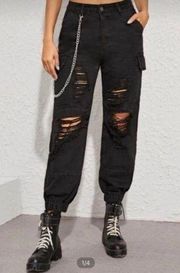 Shein Black Distressed Denim Flap Cargo Pockets Jogger Jeans Grunge