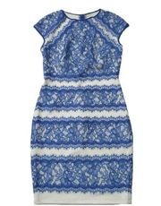 NWT TADASHI SHOJI Neoprene & Lace Cap Sleeve Sheath in China Blue Snow Dress 10