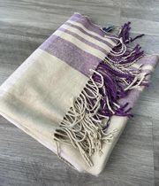 Gap Purple Ivory Plaid Blanket Scarf Acrylic Fringe Scarf Wrap